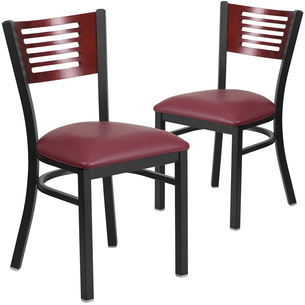 Black Slat Back Metal Restaurant Chair with Mahogany Wood Back and Burgundy Vinyl Seat V2538