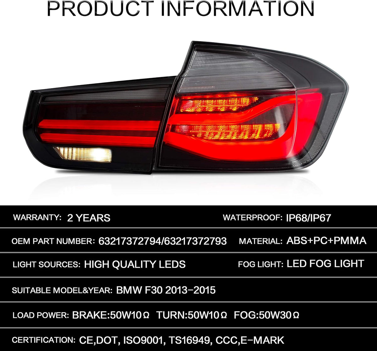 Black Tail Lights Assembly for BMW 3 Series F30 M918410