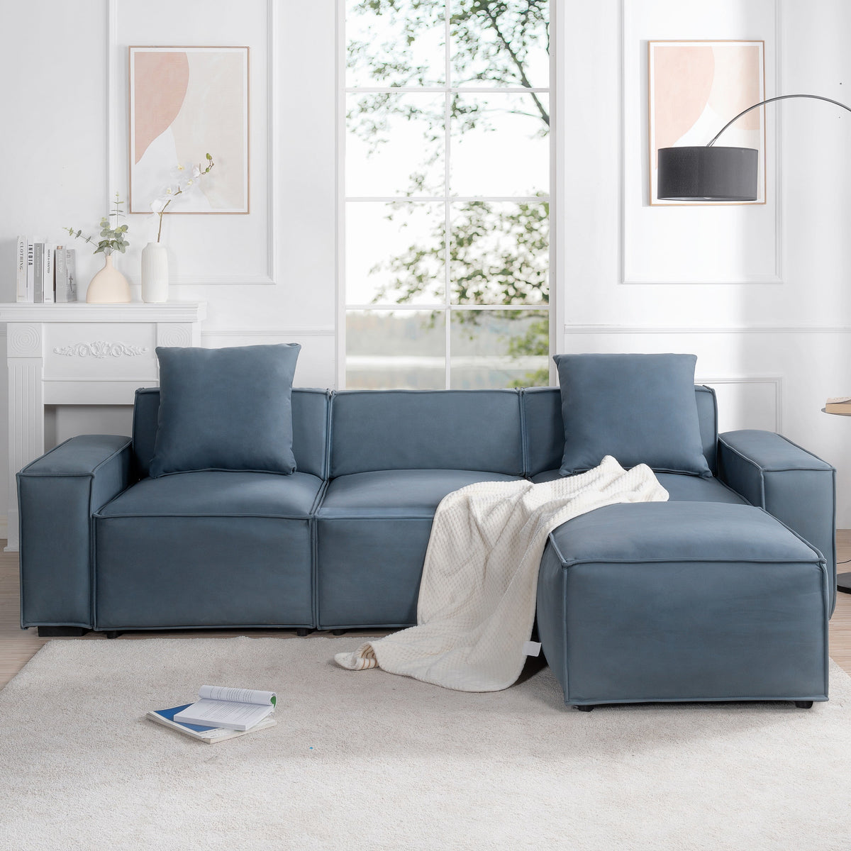 L Shaped Sofa with Removable Ottomans and 2 Pillows R75828