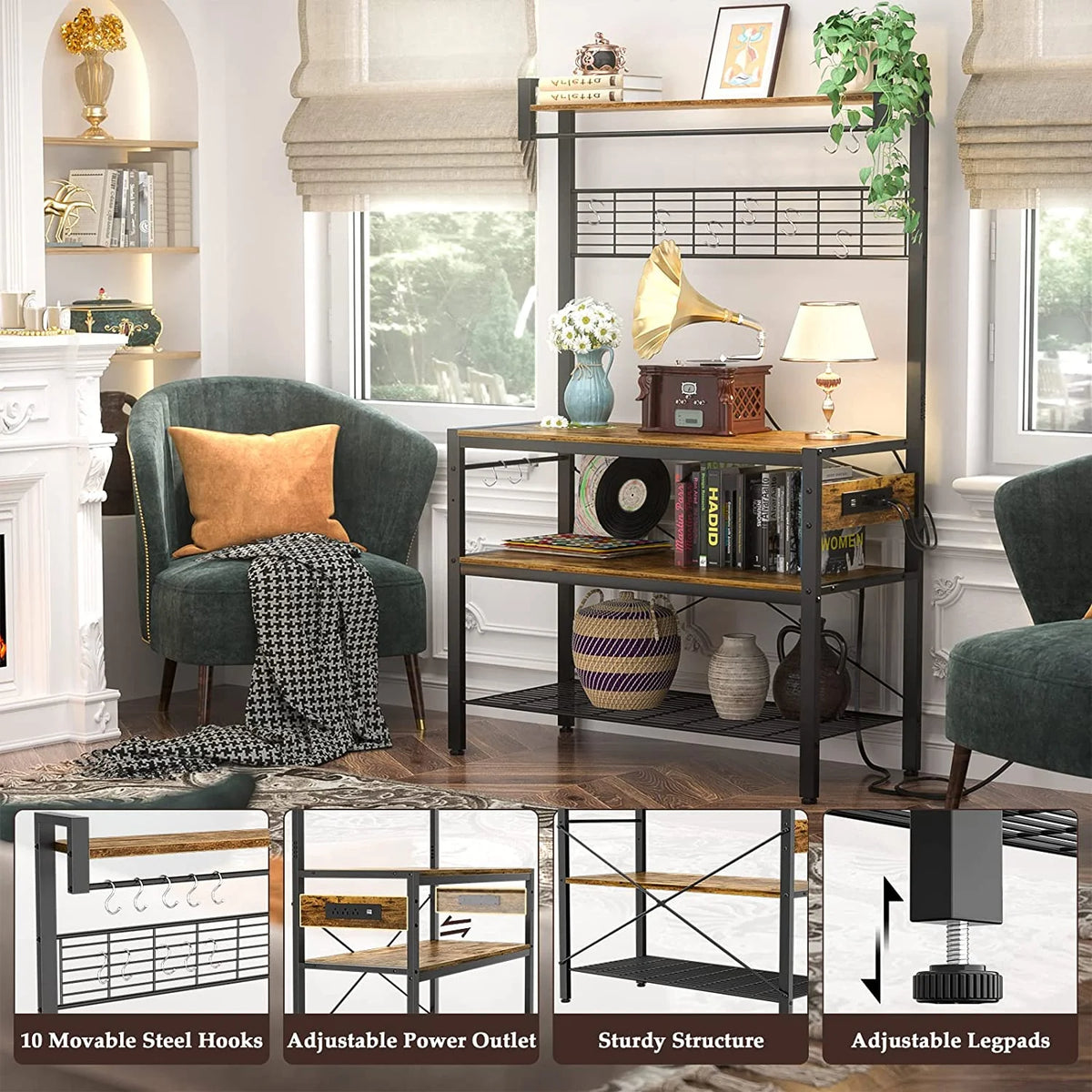 Rustic Brown 4-Tier Microwave Oven Stand with Hutch X8447