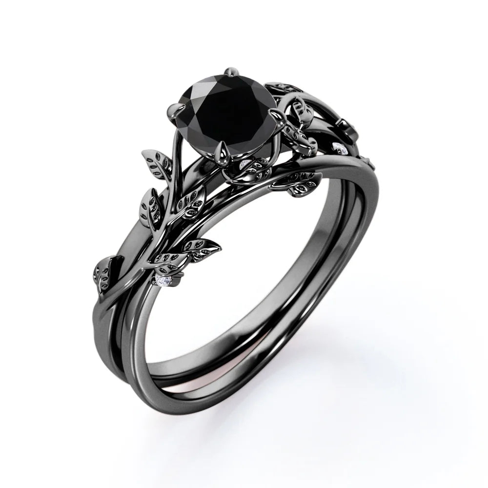 0.50 Carat Round Cut Lab Created Black Diamond Ring Set M4782