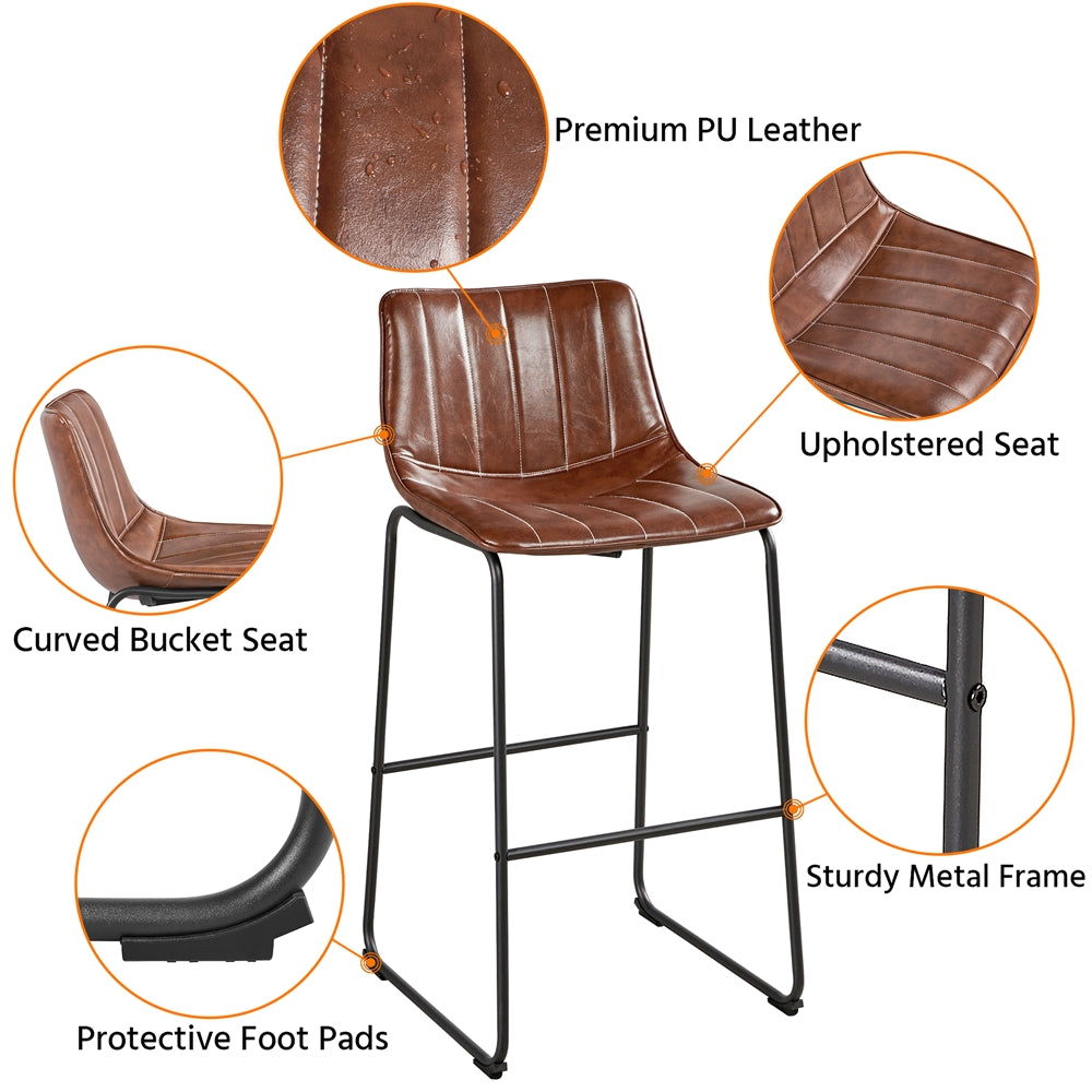 Brown PU Leather Bar Stool with Backrest, Set of 4 B1459