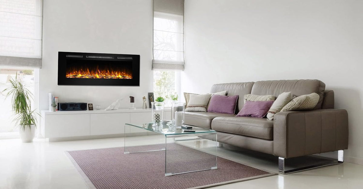 Recessed Electric Fireplace with Log Set and Crystal, 1500W Heater, Black F106646
