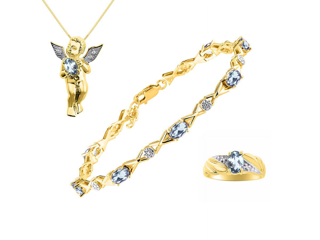 Yellow Gold Plated Silver Hugs & Kisses Angel Necklace, Tennis Bracelet, & Ring Adjustable 7"-8" Wrist & 18" Chain Aquamarine Birthstone Jewelry N1275