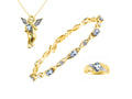 Yellow Gold Plated Silver Hugs & Kisses Angel Necklace, Tennis Bracelet, & Ring Adjustable 7"-8" Wrist & 18" Chain Aquamarine Birthstone Jewelry N1275