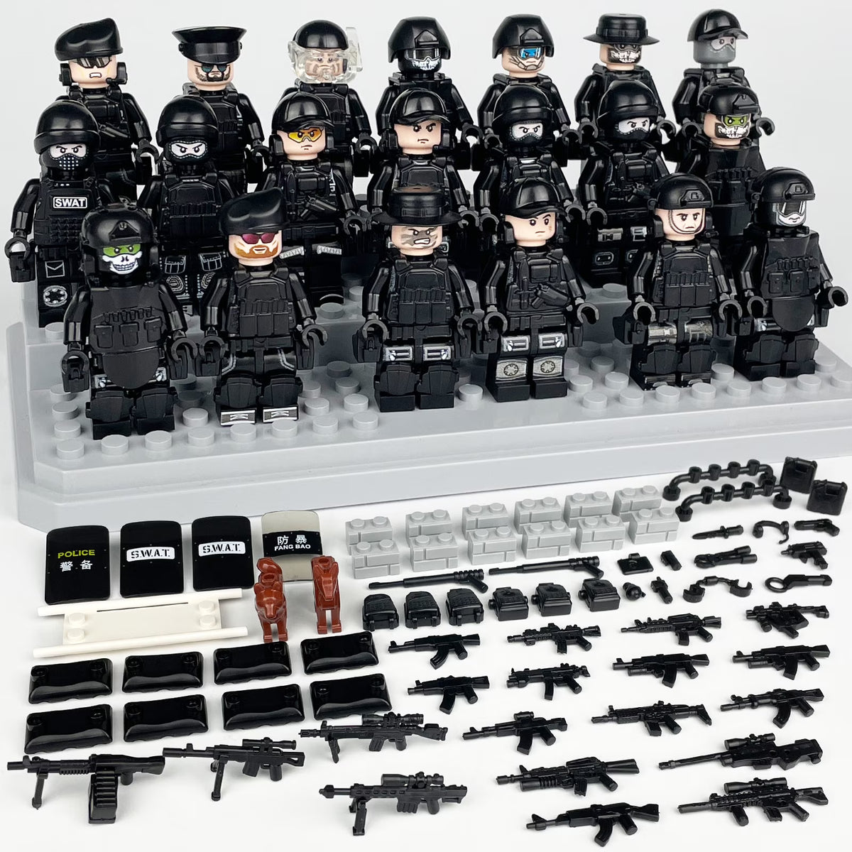 20 Pcs City Police Action Figures Building Blocks Set with Combat Equipment and Dogs D94980