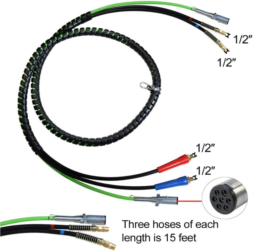 12 Ft 3-in-1 Air Power Line Hose Wrap Air Line Hose Assemblies for Semi Truck Tractor Trailer D894572