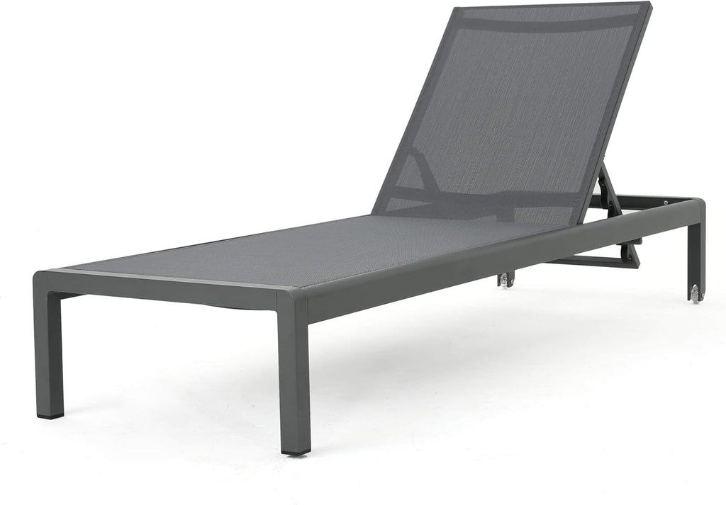 Outdoor Aluminum Chaise Lounge with Mesh Seat, Grey / Dark Grey V46039