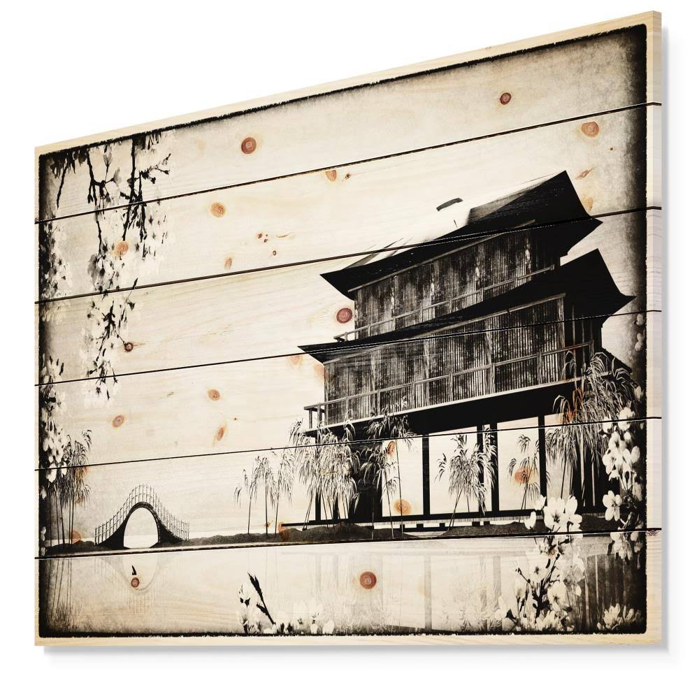 Chinese Landscape Print on Natural Pine Wood - Beige - 40 in. Wide x 30 in. High I2213