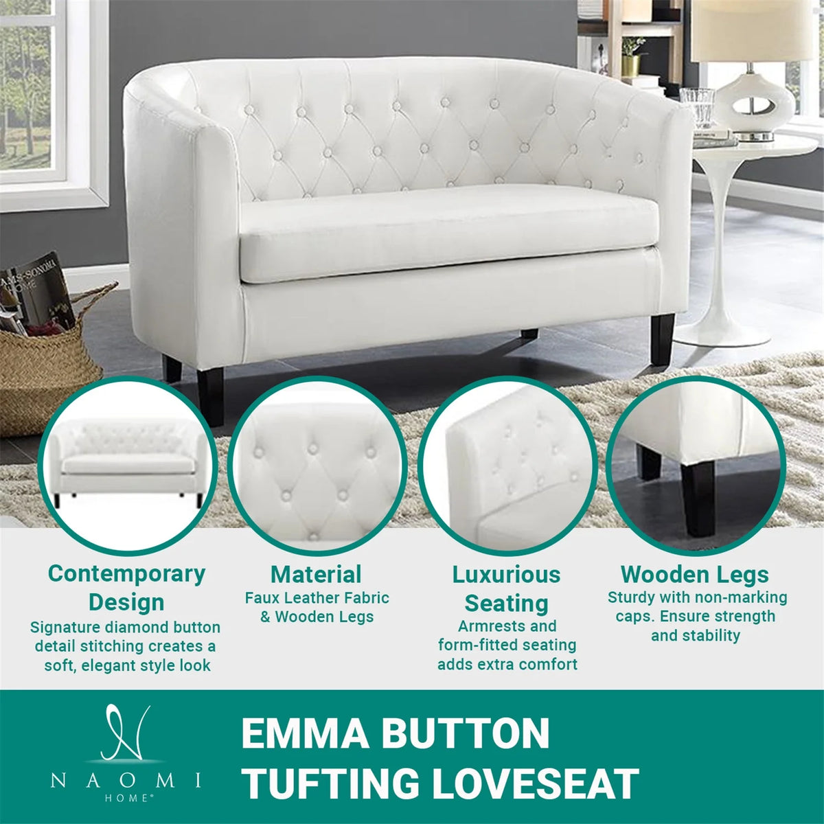 Cream Faux Leather Barrel Loveseat N496