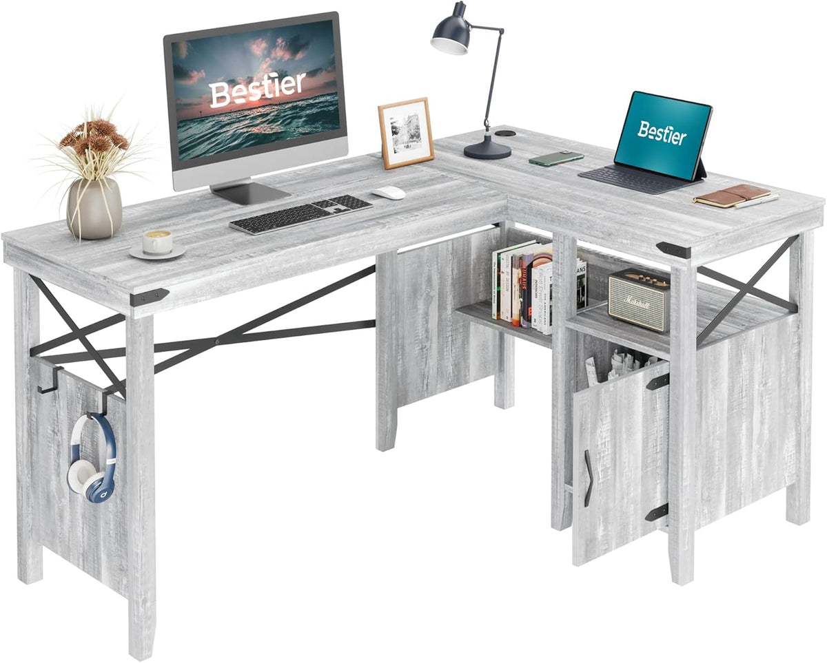 Gray Farmhouse Computer Desk with Storage Cabinet and Bookshelf T608904
