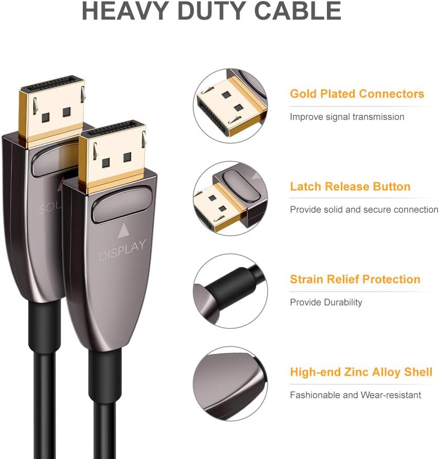 DP Fiber Optic Cable 20ft, Displayport 1.4, 8K@60Hz 4K@120Hz, Gold Plated, Black H987