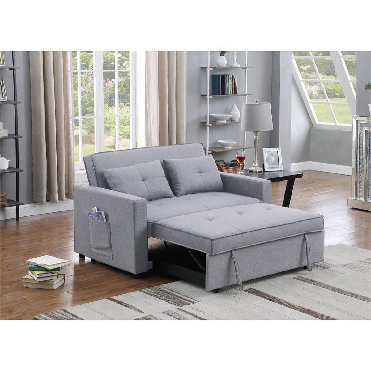 Light Gray Linen Fabric 3-in-1 Convertible Sleeper Loveseat U23678