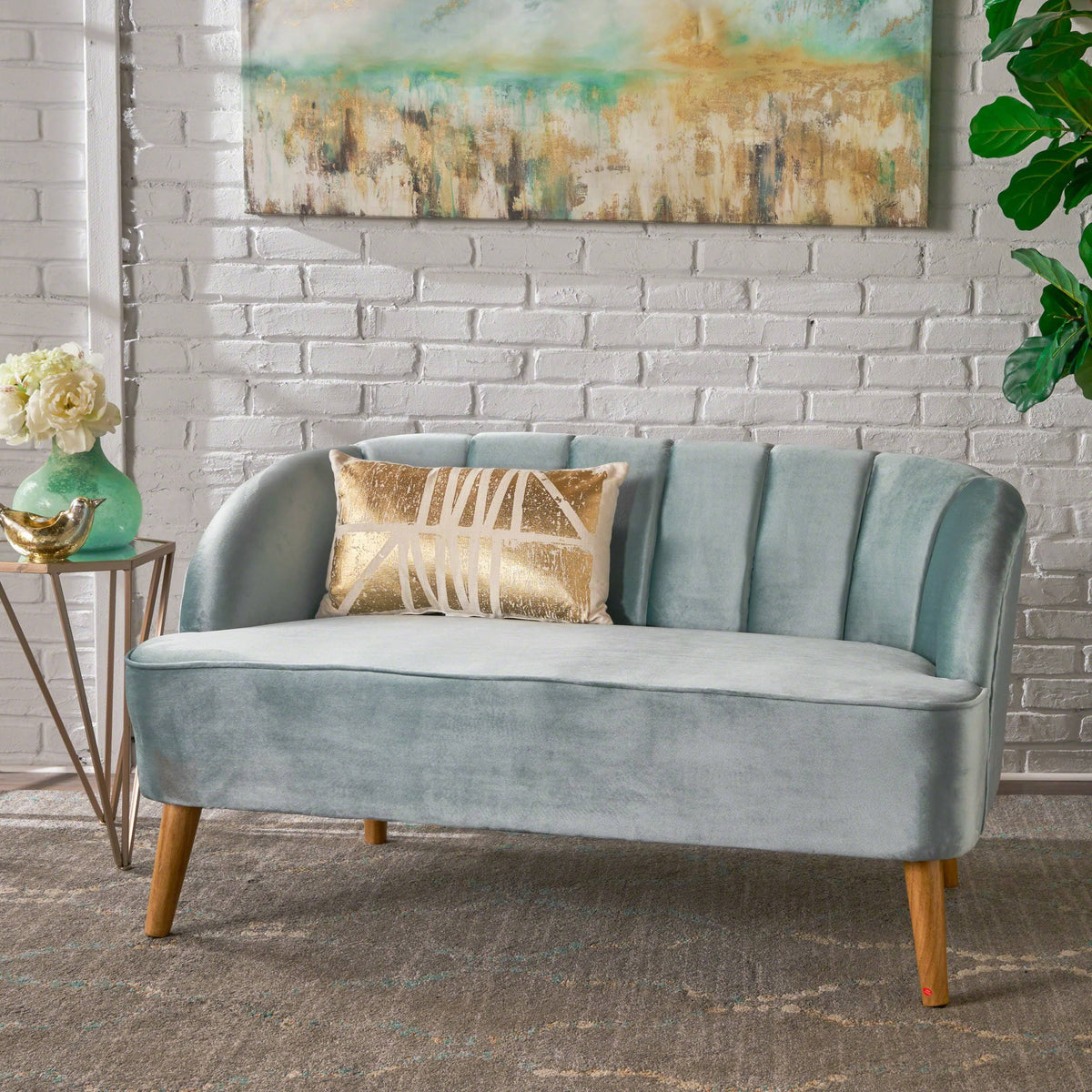 Seafoam Blue Velvet Settee Q980