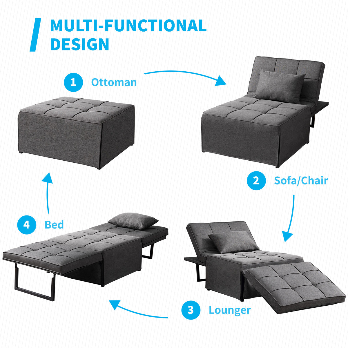 Dark Gray Linen Convertible Sofa Sleeper with Ottoman U215