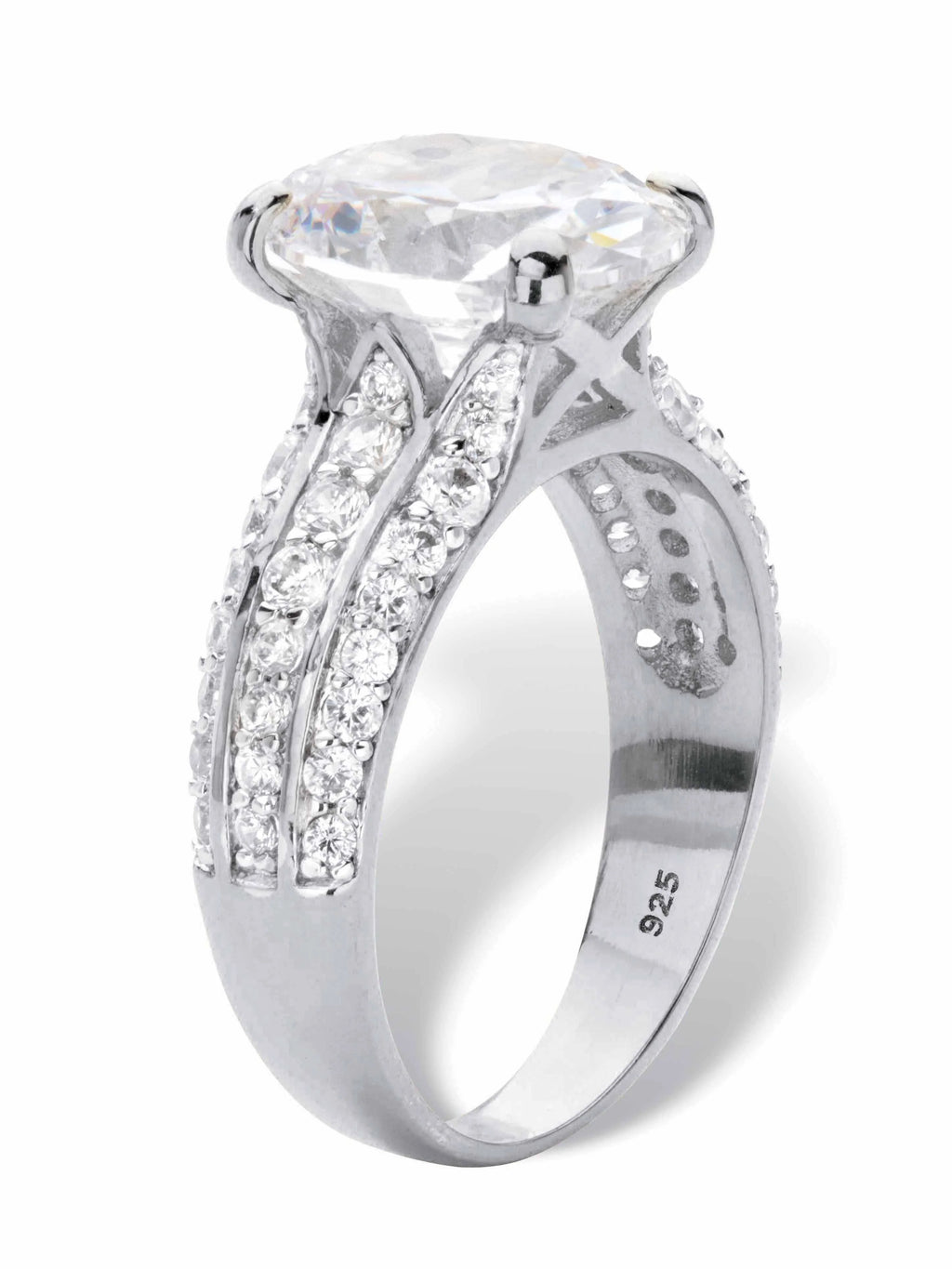 Oval-Cut Cubic Zirconia Multi-Row Engagement Ring in Platinum-Plated Sterling Silver S186