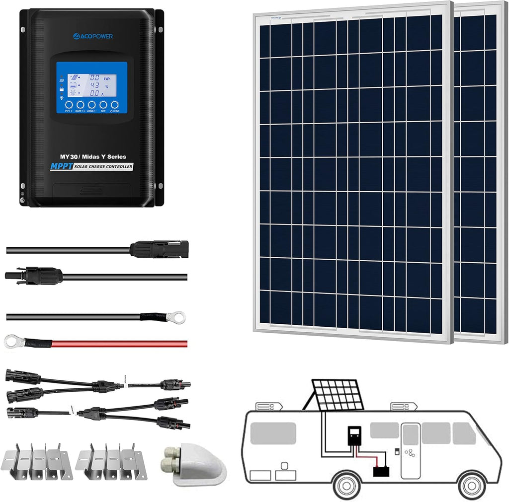 100 Watts Polycrystalline Solar RV Kit with 20A PWM LCD Charge Controller S589