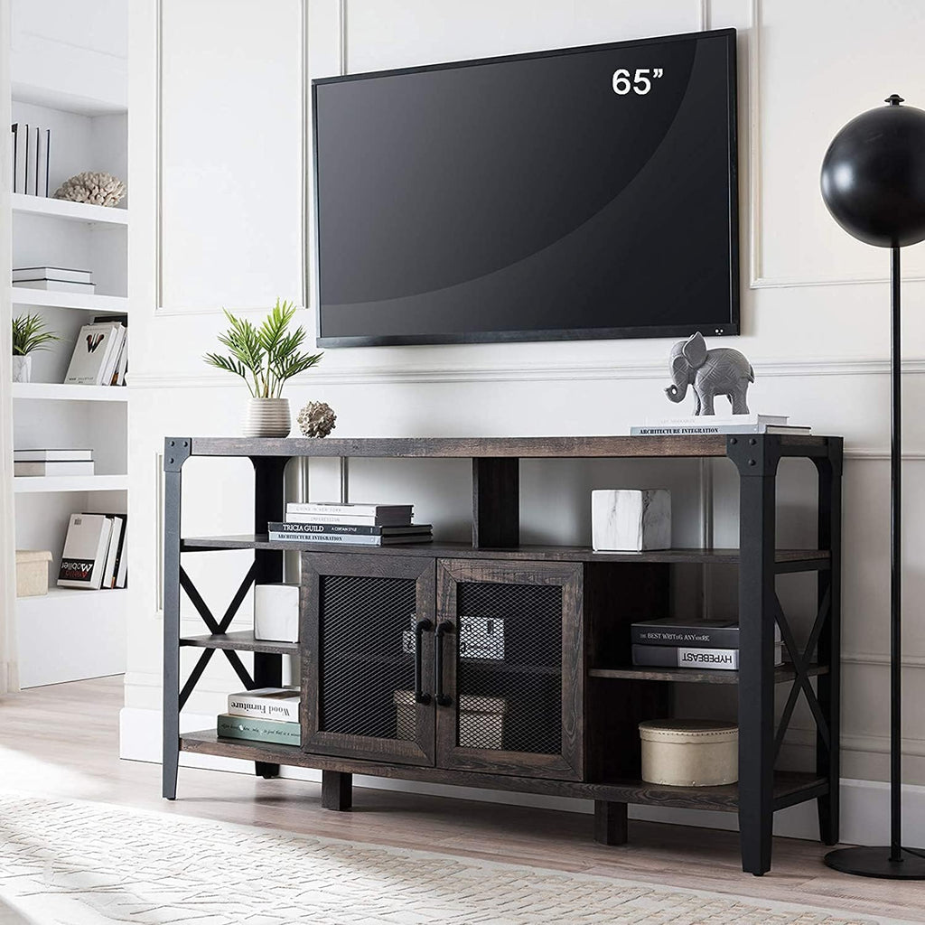 TV Stand Entertainment Center Media Console Cabinet Tall Wood Brown with Metal Side X-Frame N4048