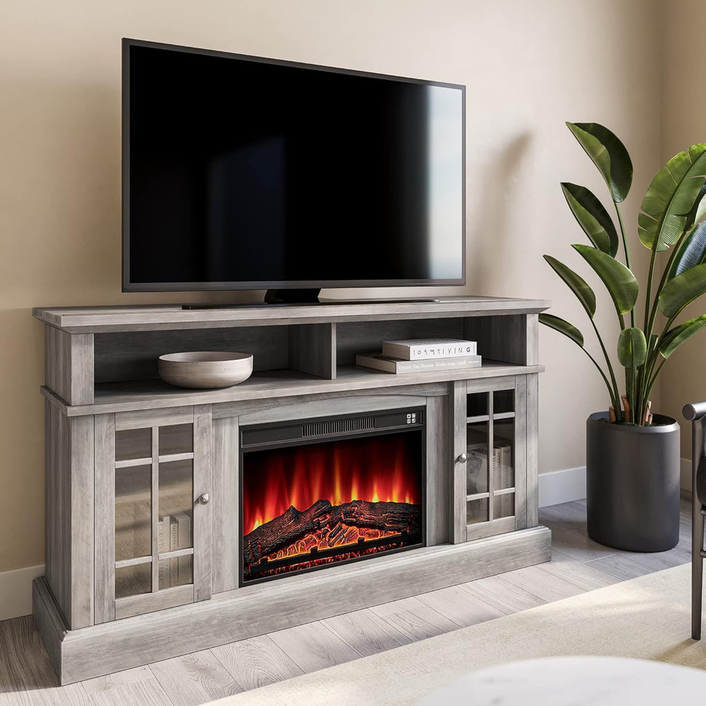 Gray Wash Electric Fireplace TV Stand with Open Storage Shelves and Cabinets B984