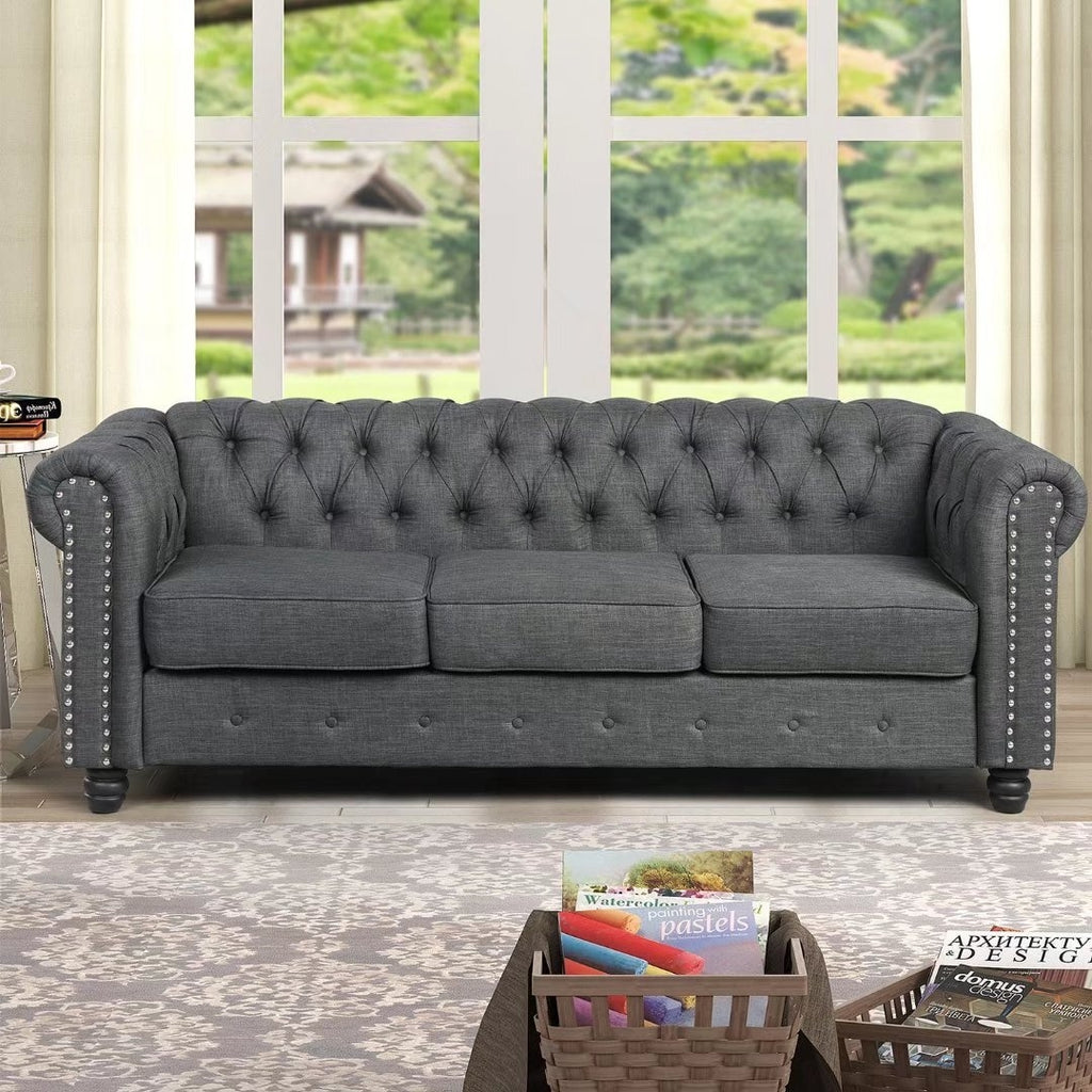 Tufted Upholstered Chesterfield Loveseat and Sofa 2 PCS Fabric Linen Beige C1400