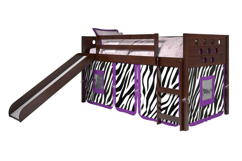 Twin Circles Low Loft with Slide and Zebra Tent Kit in Dark Cappuccino Finish V5089