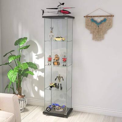 Black Glass Display Cabinet with Door 4 Shelves T5003