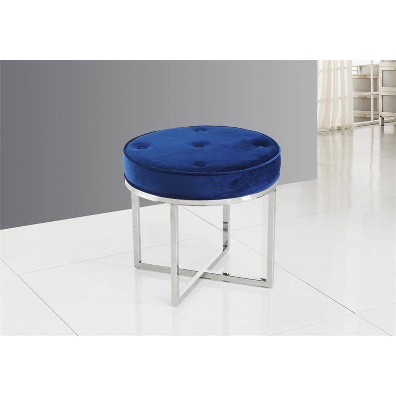 Navy Blue Round Upholstered Tufted Accent Stool with Silver Base A82906