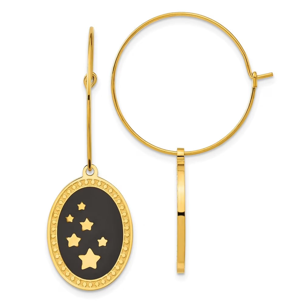 Stainless Steel Polished Yellow Enameled Stars Dangle Hoop Earrings H753387