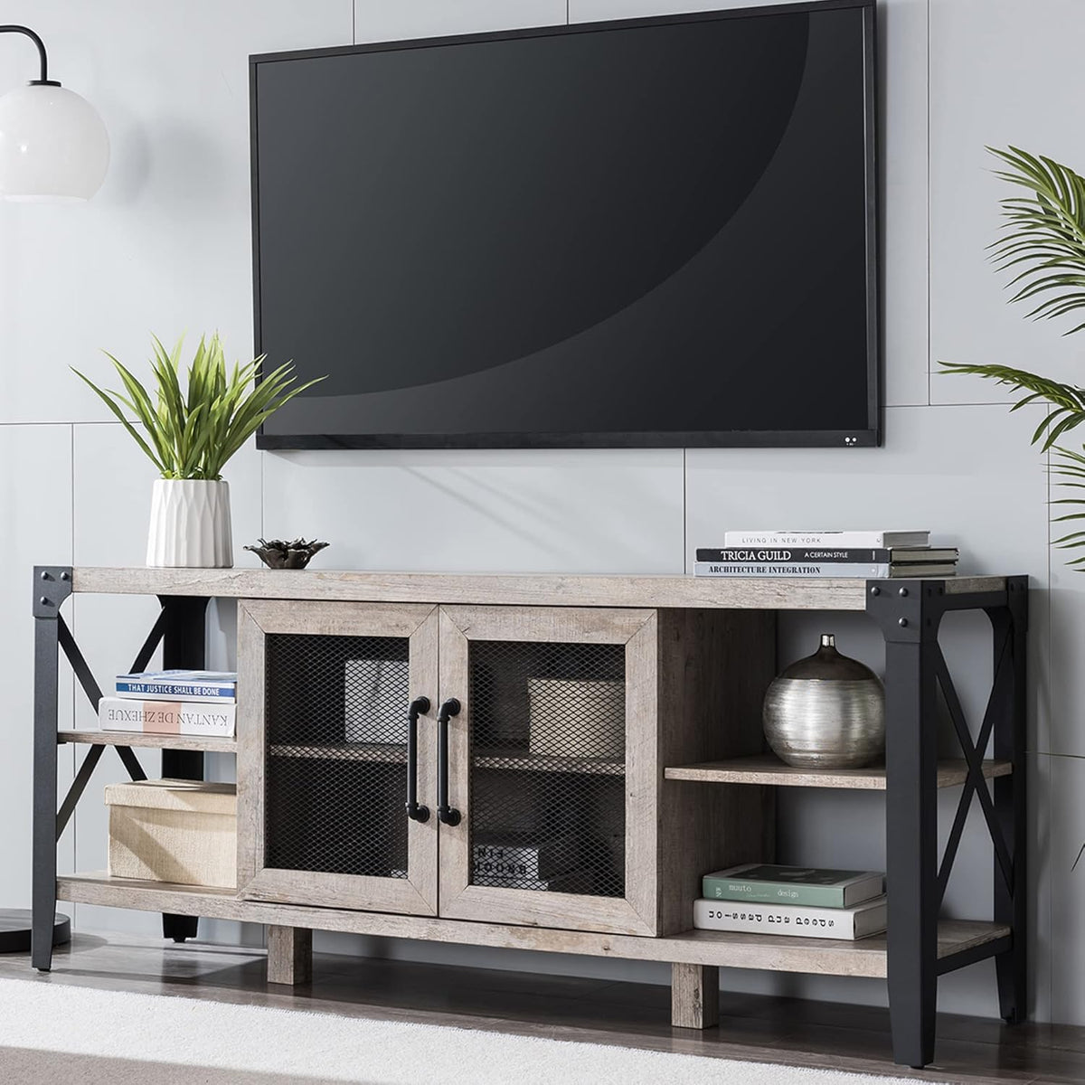 TV Stand Entertainment Center Media Console Cabinet Tall Wood Brown with Metal Side X-Frame N4048
