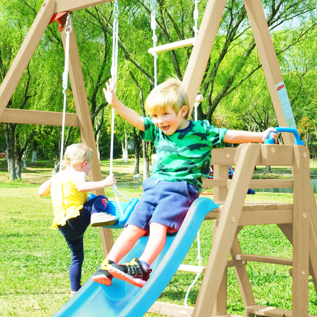 Wooden Swing Set with Slide and Climbing Rope F801415