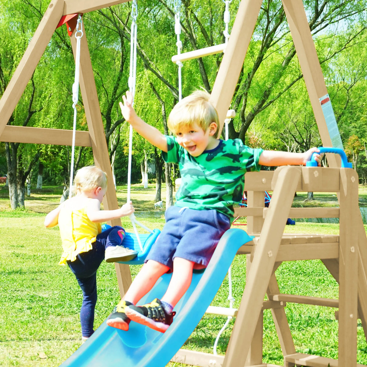Wooden Swing Set with Slide and Climbing Rope F801415