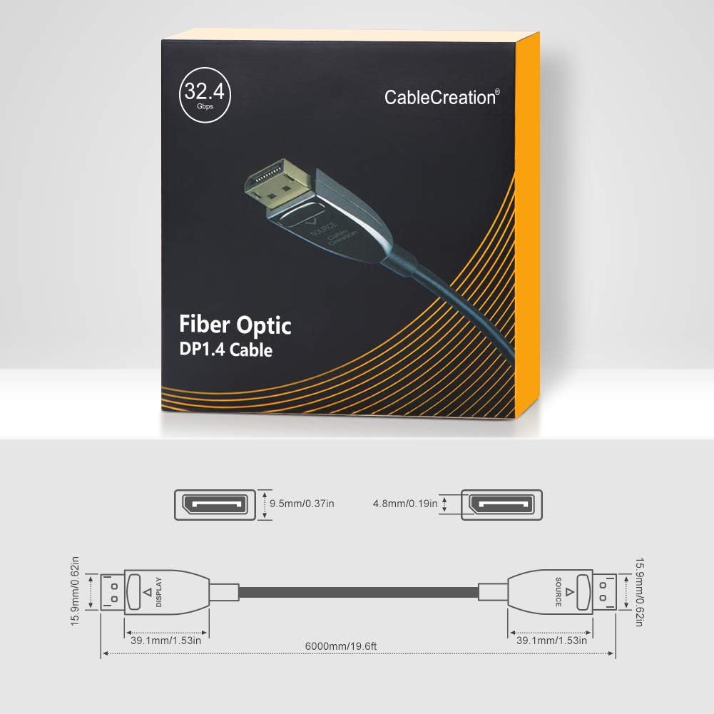 DP Fiber Optic Cable 20ft, Displayport 1.4, 8K@60Hz 4K@120Hz, Gold Plated, Black H987