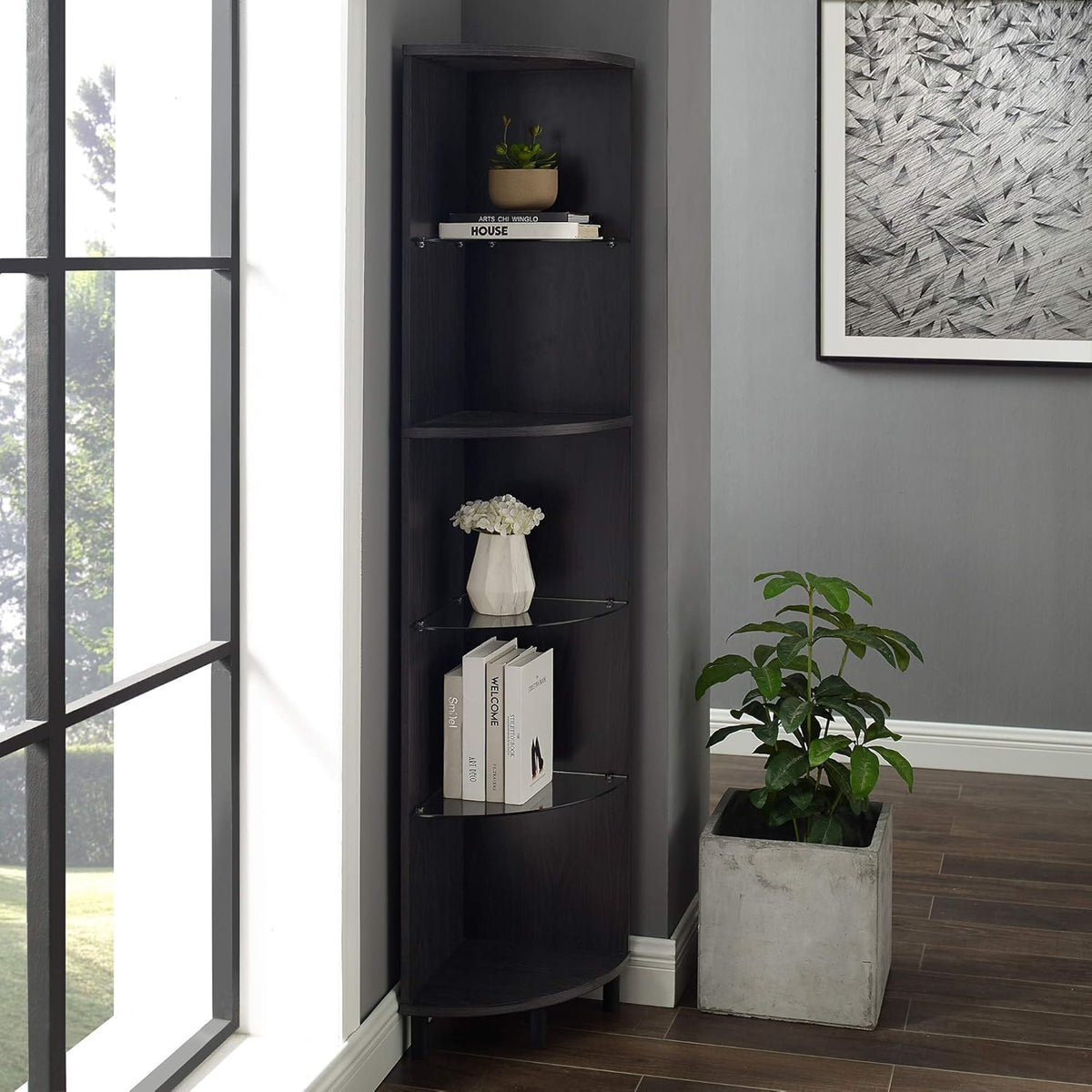 4 Glass Shelf Bookcase, 48 Inch, Dark Walnut E931