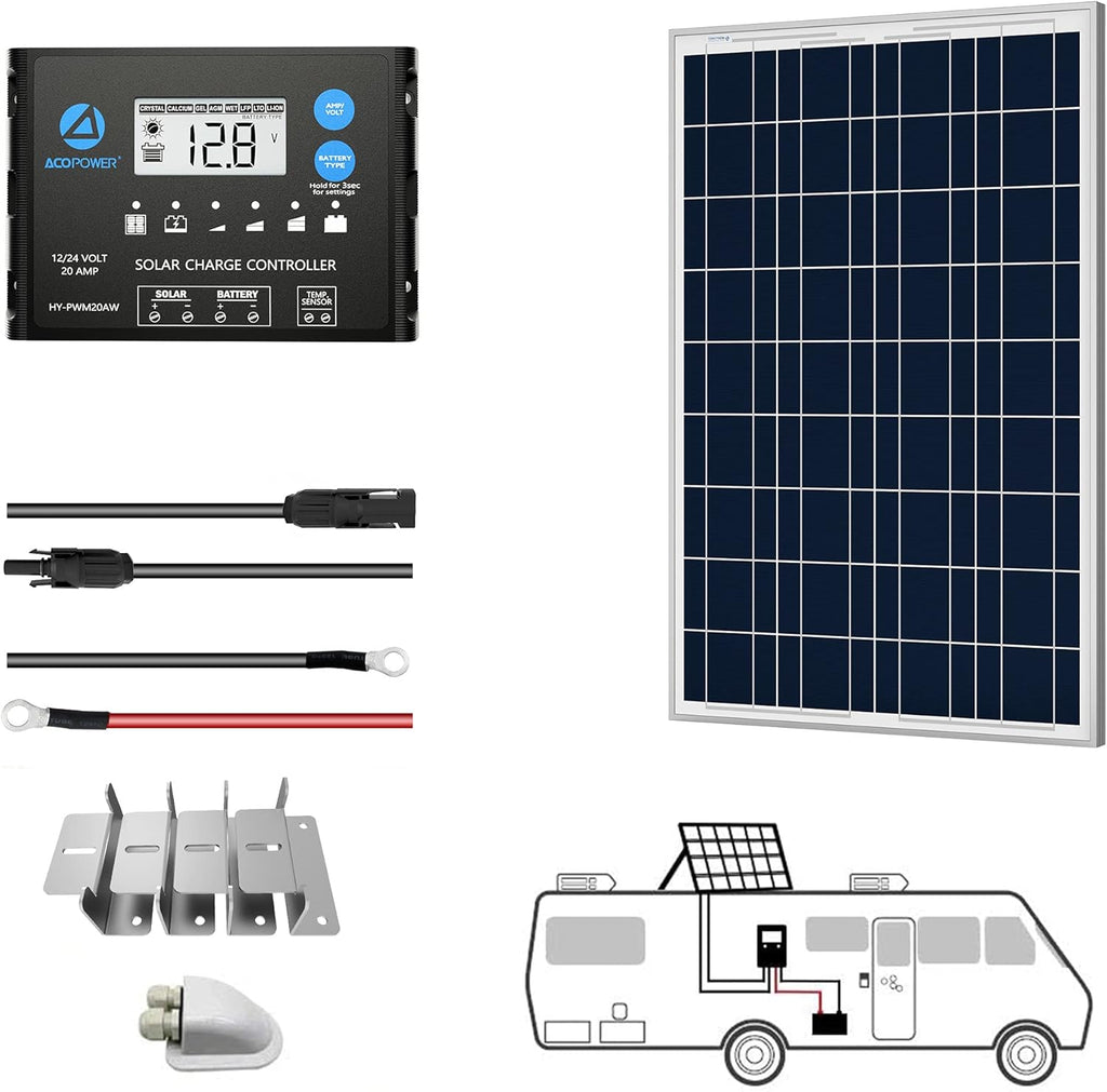 100 Watts Polycrystalline Solar RV Kit with 20A PWM LCD Charge Controller S589