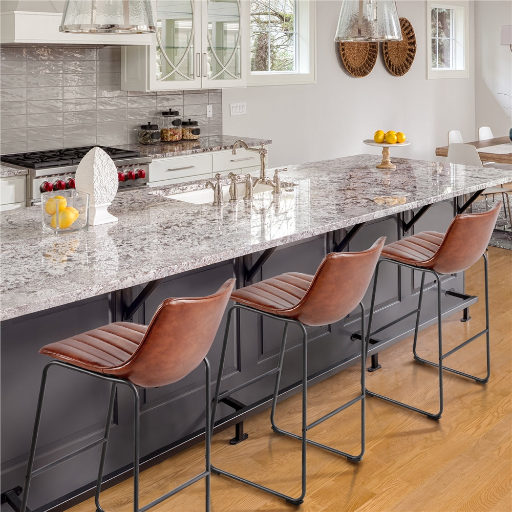 Brown PU Leather Bar Stool with Backrest, Set of 4 B1459