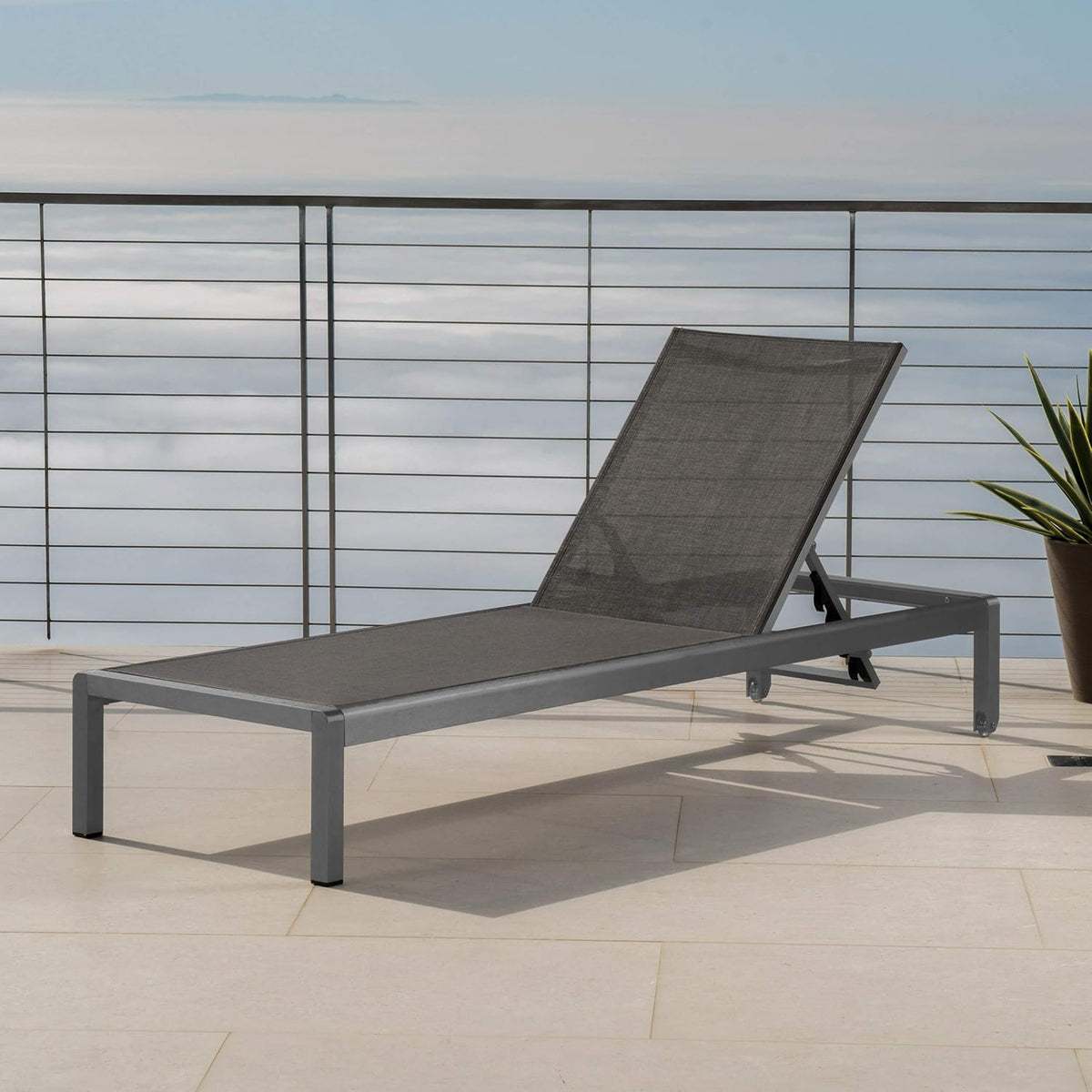 Outdoor Aluminum Chaise Lounge with Mesh Seat, Grey / Dark Grey V46039