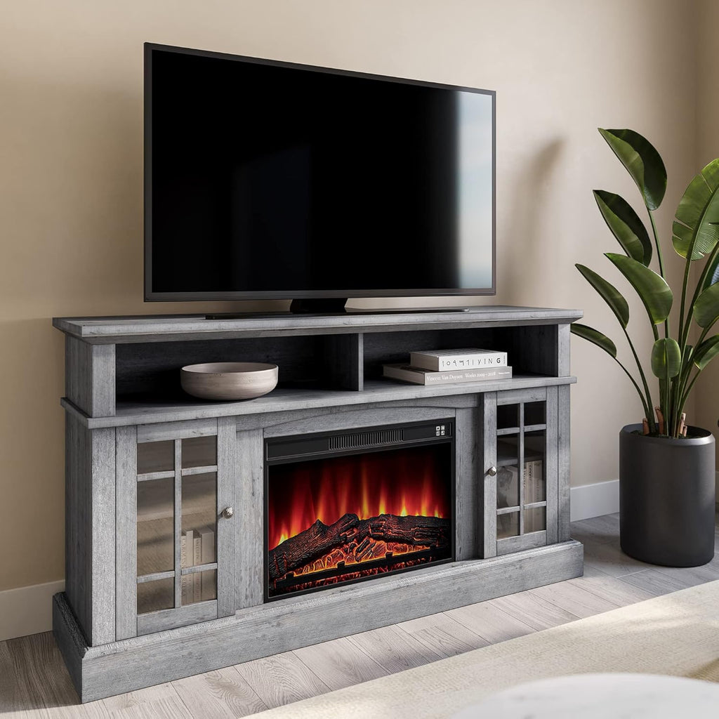 Gray Wash Electric Fireplace TV Stand with Open Storage Shelves and Cabinets B984
