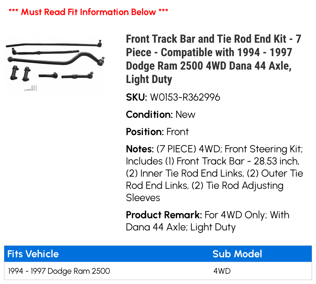 Front Track Bar and Tie Rod End Kit 7 Piece Y423