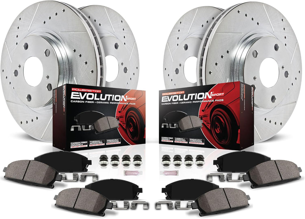 Front and Rear Carbon Fiber Brake Pads with Drilled & Slotted Brake Rotors Kit B2932