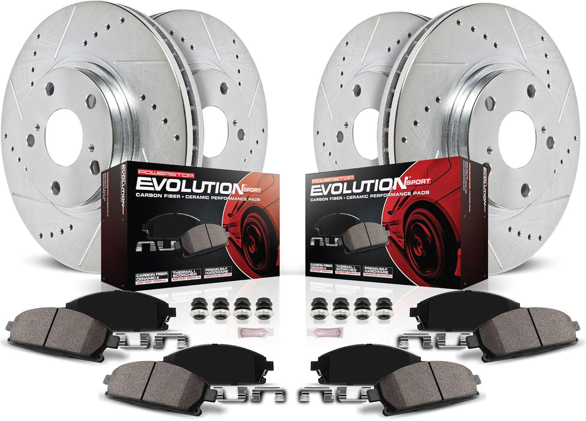Front and Rear Carbon Fiber Brake Pads with Drilled & Slotted Brake Rotors Kit B2932