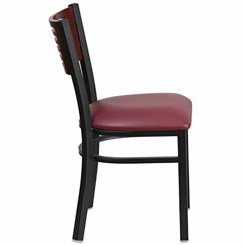 Black Slat Back Metal Restaurant Chair with Mahogany Wood Back and Burgundy Vinyl Seat V2538