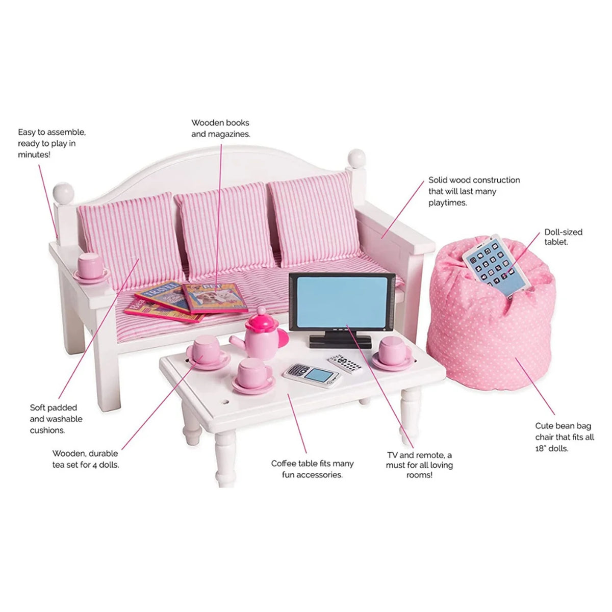 18" Dolls Wood Sofa & Coffee Table with Accessories D72027