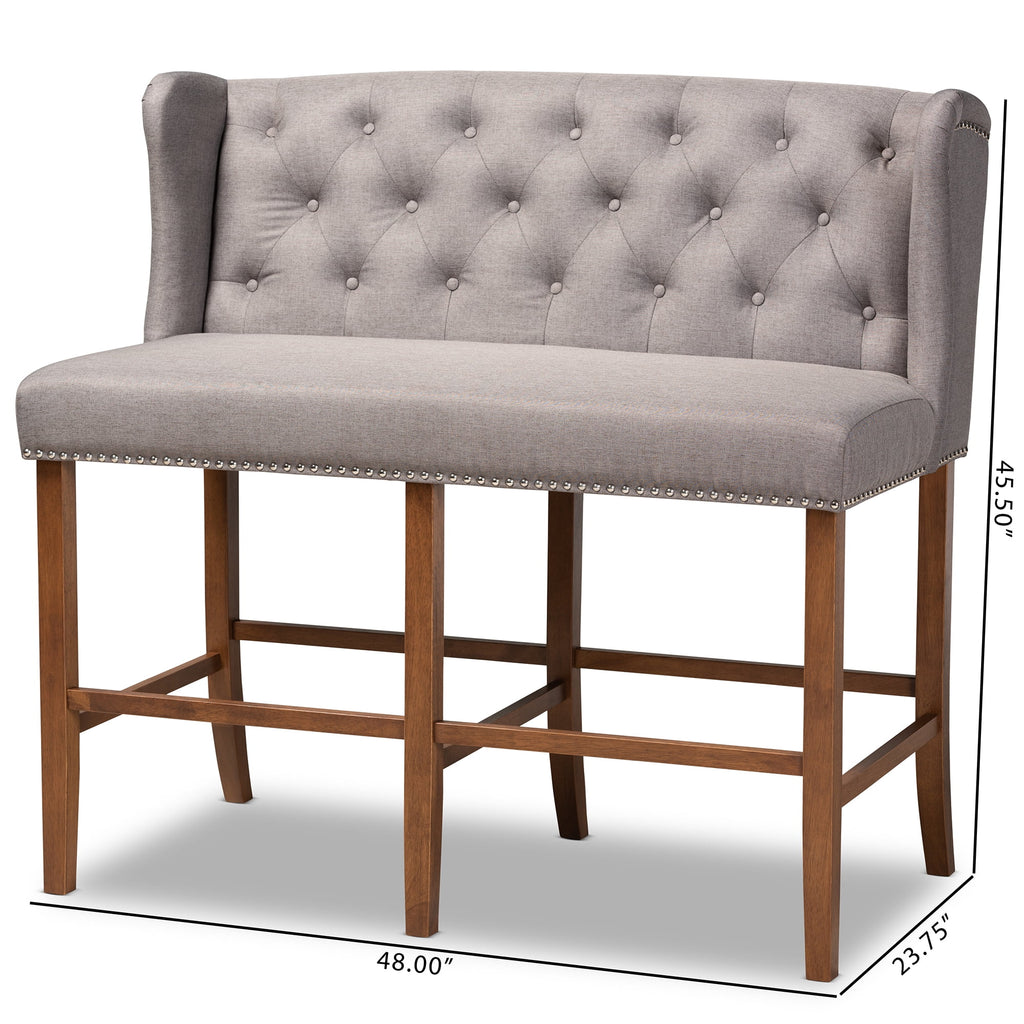 Grey Fabric Upholstered Walnut Finished Wood Button Tufted Bar Stool Bench F387