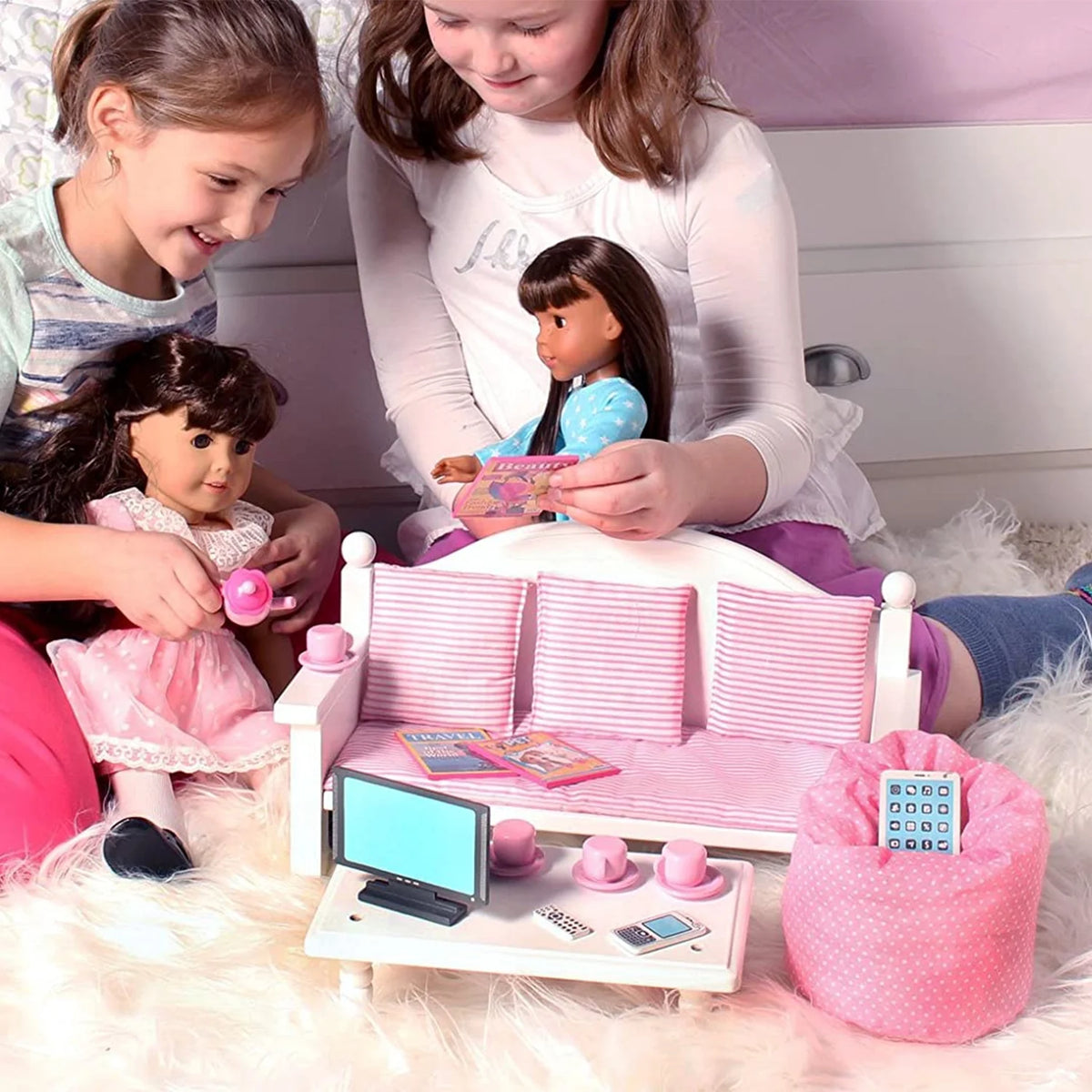 18" Dolls Wood Sofa & Coffee Table with Accessories D72027