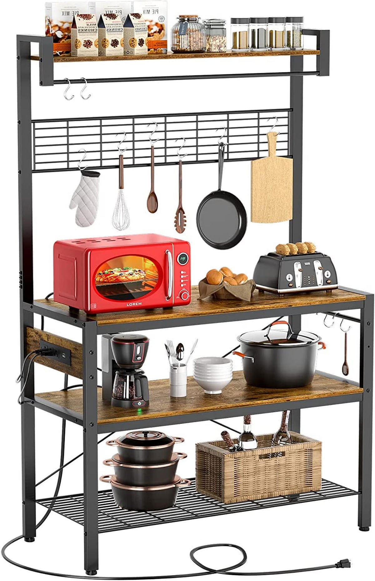 Rustic Brown 4-Tier Microwave Oven Stand with Hutch X8447