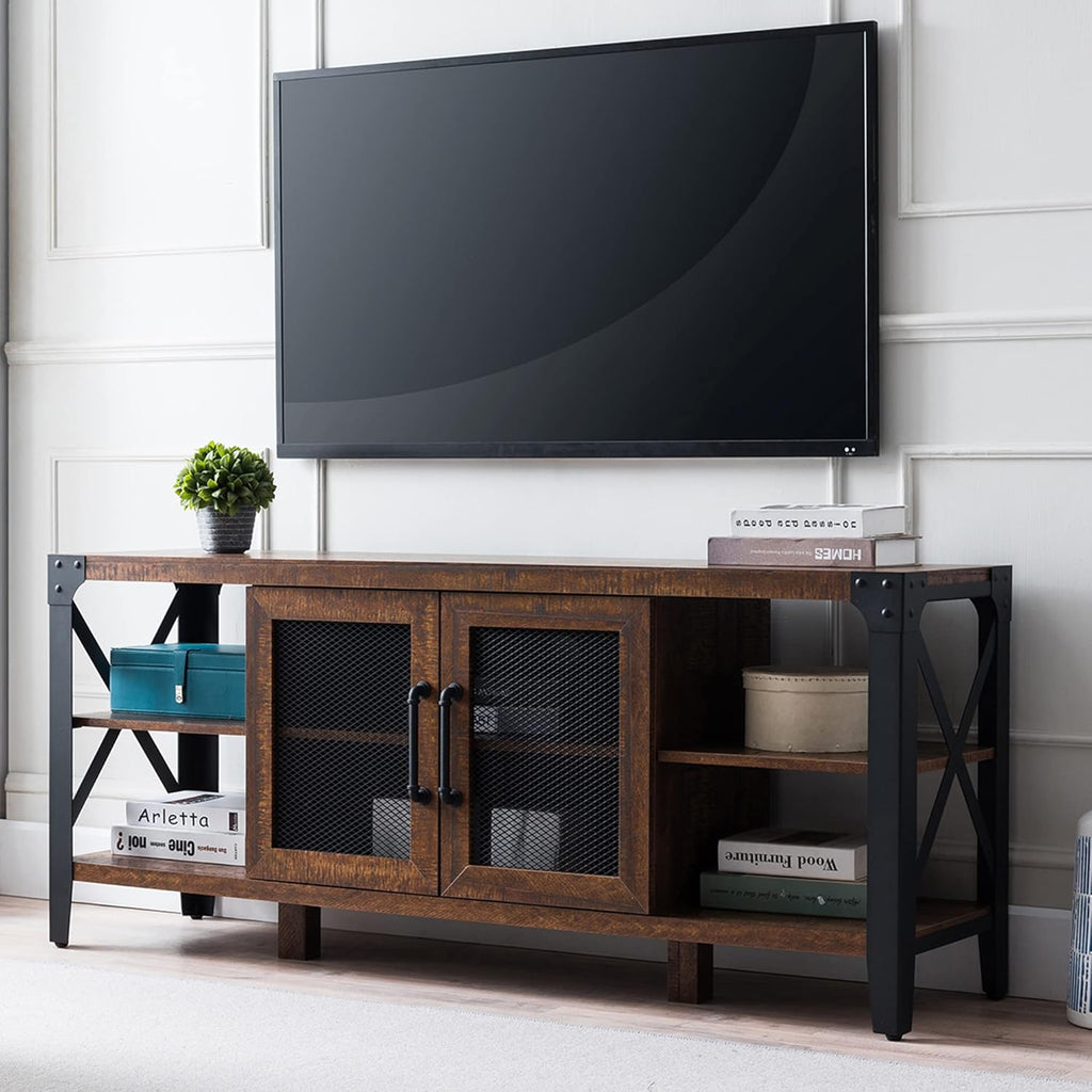 TV Stand Entertainment Center Media Console Cabinet Tall Wood Brown with Metal Side X-Frame N4048