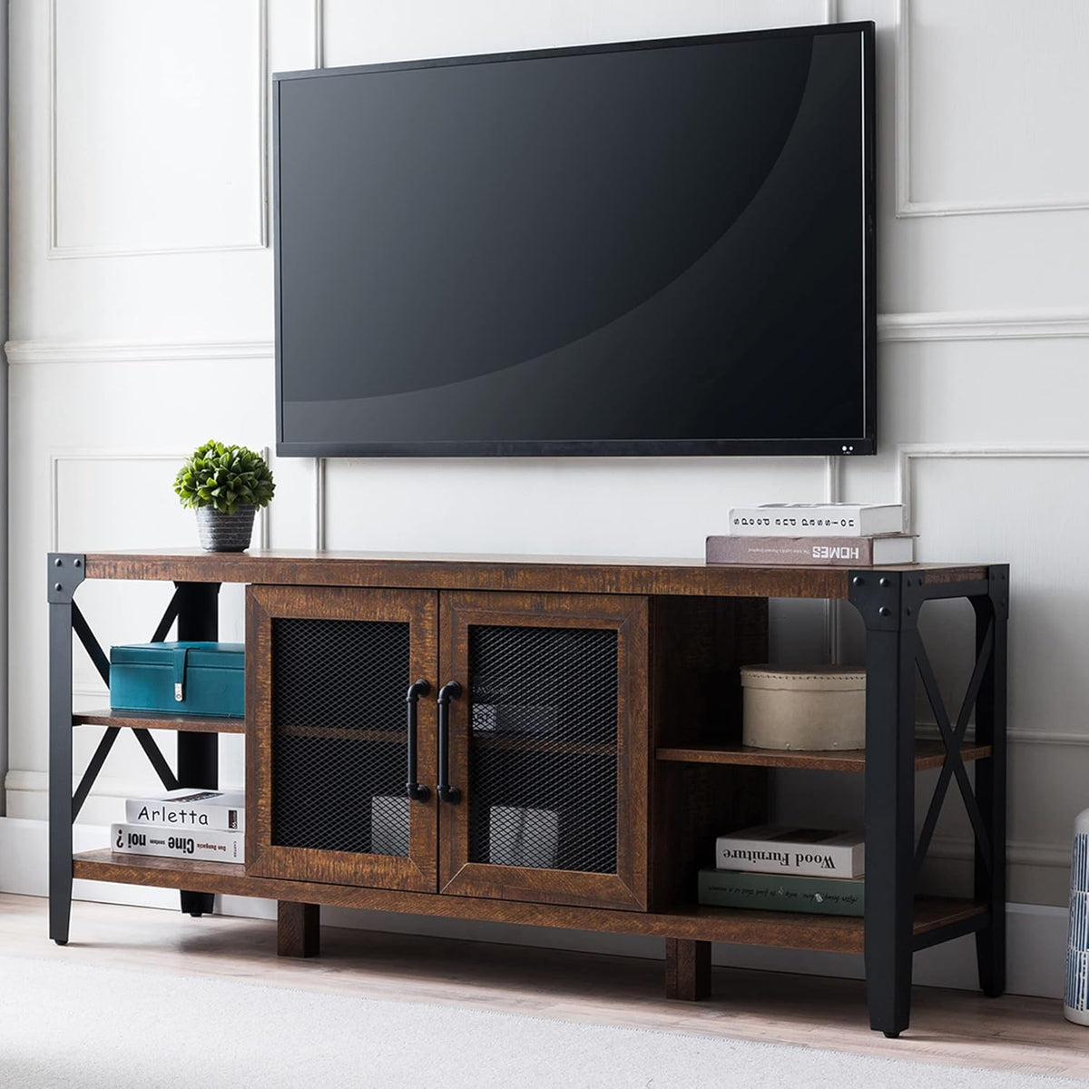 TV Stand Entertainment Center Media Console Cabinet Tall Wood Brown with Metal Side X-Frame N4048